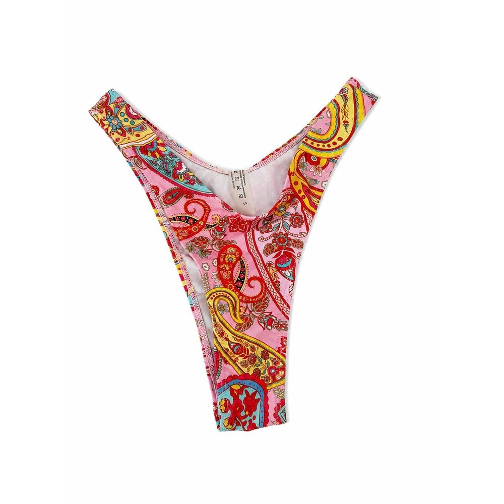 Women’s Pink Paisley Bikini Bottom Colorful Brazilian Cut Swim Bottom Size Small